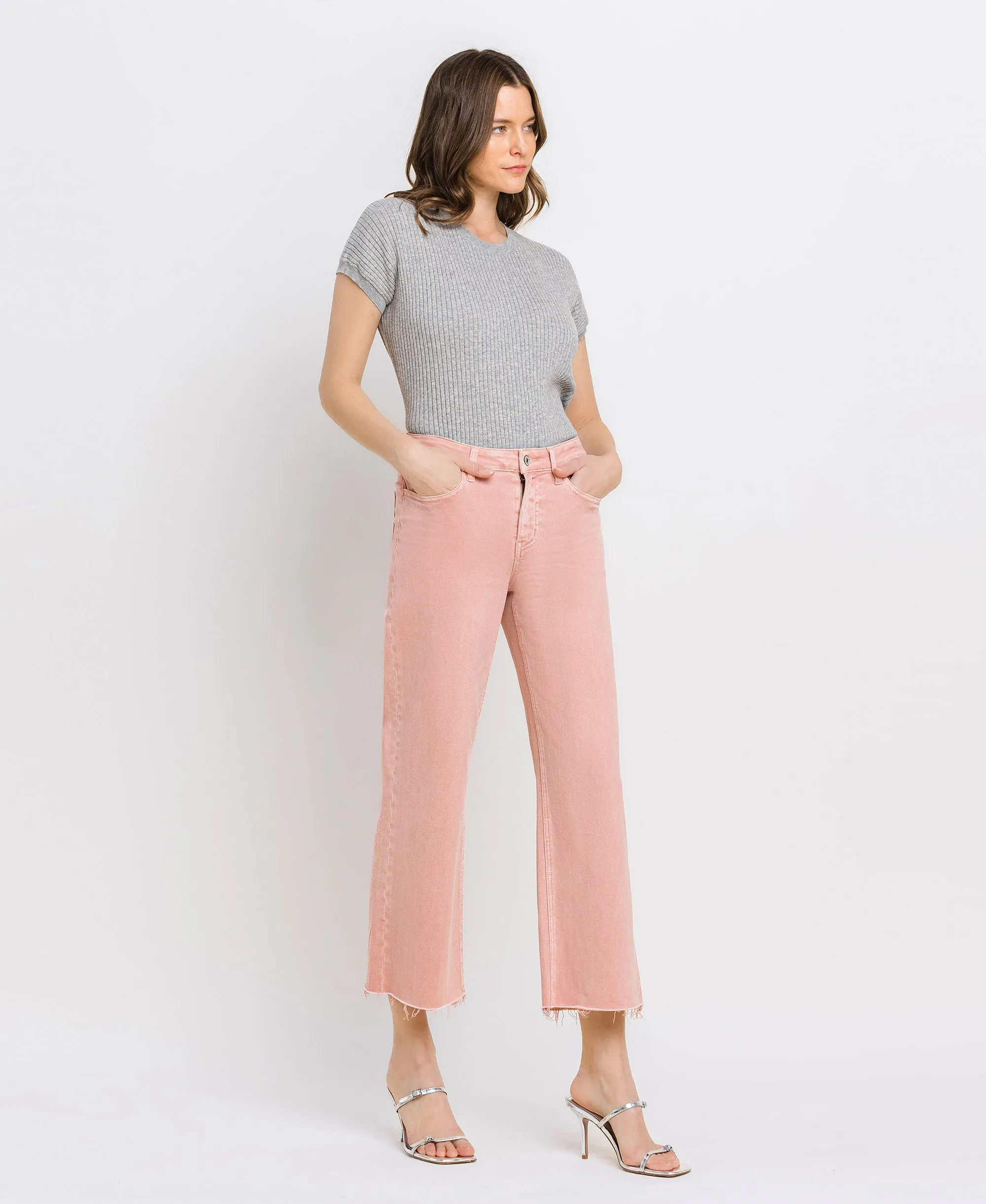 Silver Pink - High Rise Crop Wide Leg Jeans