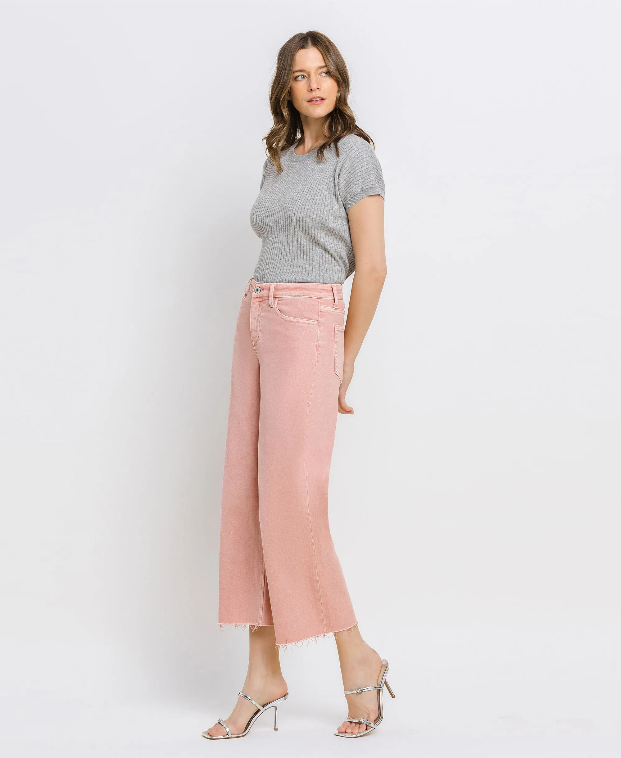 Silver Pink - High Rise Crop Wide Leg Jeans