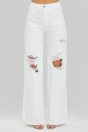 White High-Rise Distressed Wide Leg Dad Jeans